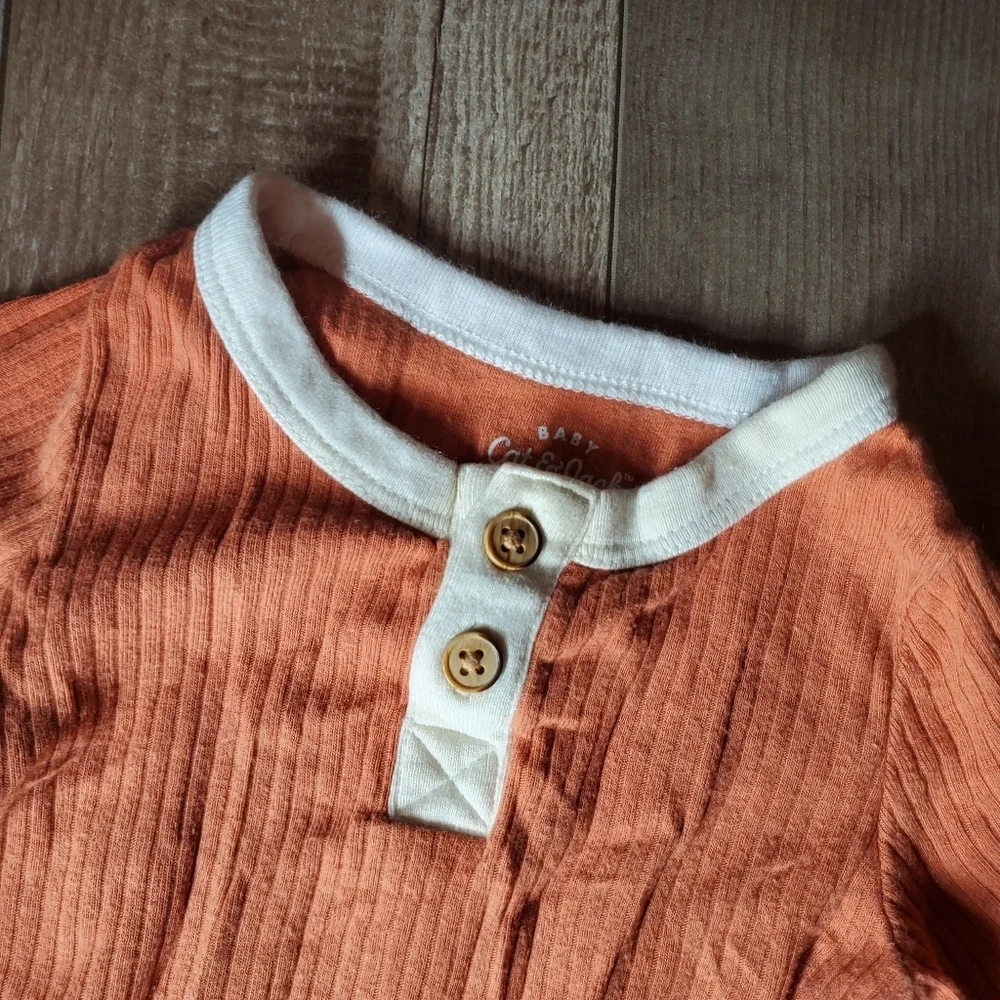 Cat & Jack Ribbed Henley Jumpsuit Romper Baby Boy Size 0-3M Orange & Cream